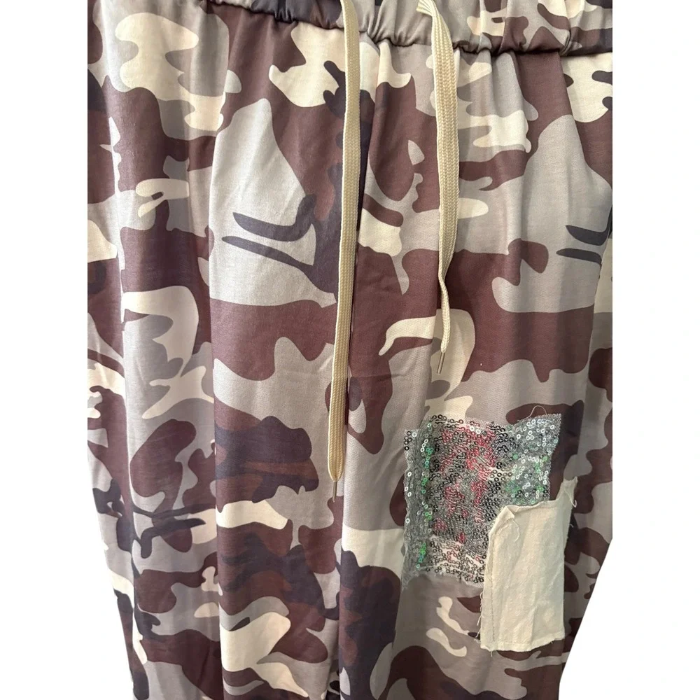 Camo‎ Print Sequin Patch Joggers Brown Tan XL Elastic Waist Drawstring Pants